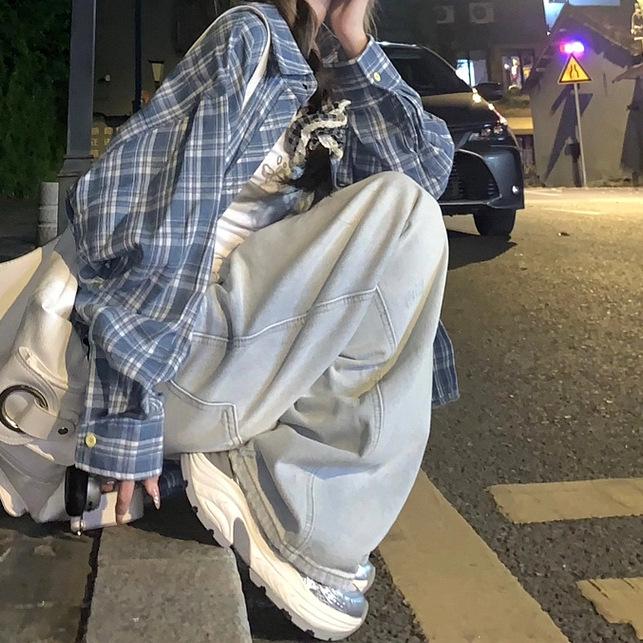 

Женская рубашка в синюю клетку в американском ретро-стиле - Осенняя куртка с защитой от солнца, Повседневный универсальный верхняя одежда S синий