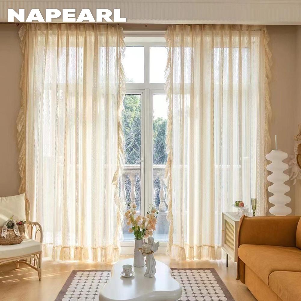 1 Stück NAPEARL Beige Tüll Französisch Retro Jacquard Rüschenkante Transparenter Vorhang für Wohnzimmer Schlafzimmer Balkon Fenster Heimdeko