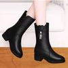 Soft Leather Mother Medium Boots Thick Heel Short Boots Winter Velvet Boots Autumn and Winter Middle Heel Women's Leather Shoes Versatile Velvet Warm