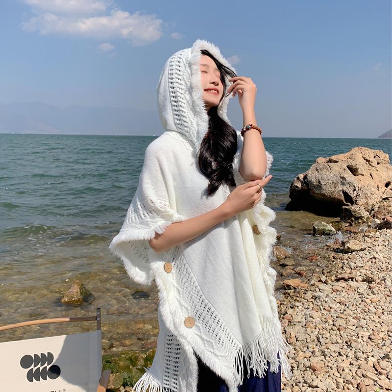 Weißer Mori Böhmischer Quasten Umhang Schal Pullover für Damen