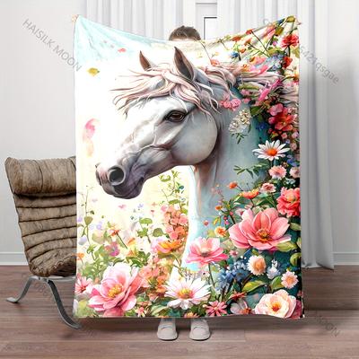 1PC White Horse with Colorful Flowers Blanket Suitable for Home Bedroom Sofa Travel Camping Blanket Various Sizes for Gifts