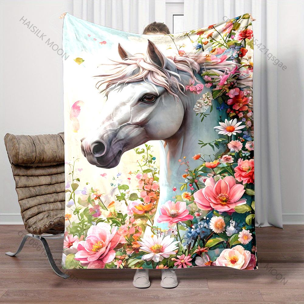 1PC White horse with colorful flowers Blanket Suitable for Home Bedroom Sofa Travel Camping Blanket Various Sizes for Gifts