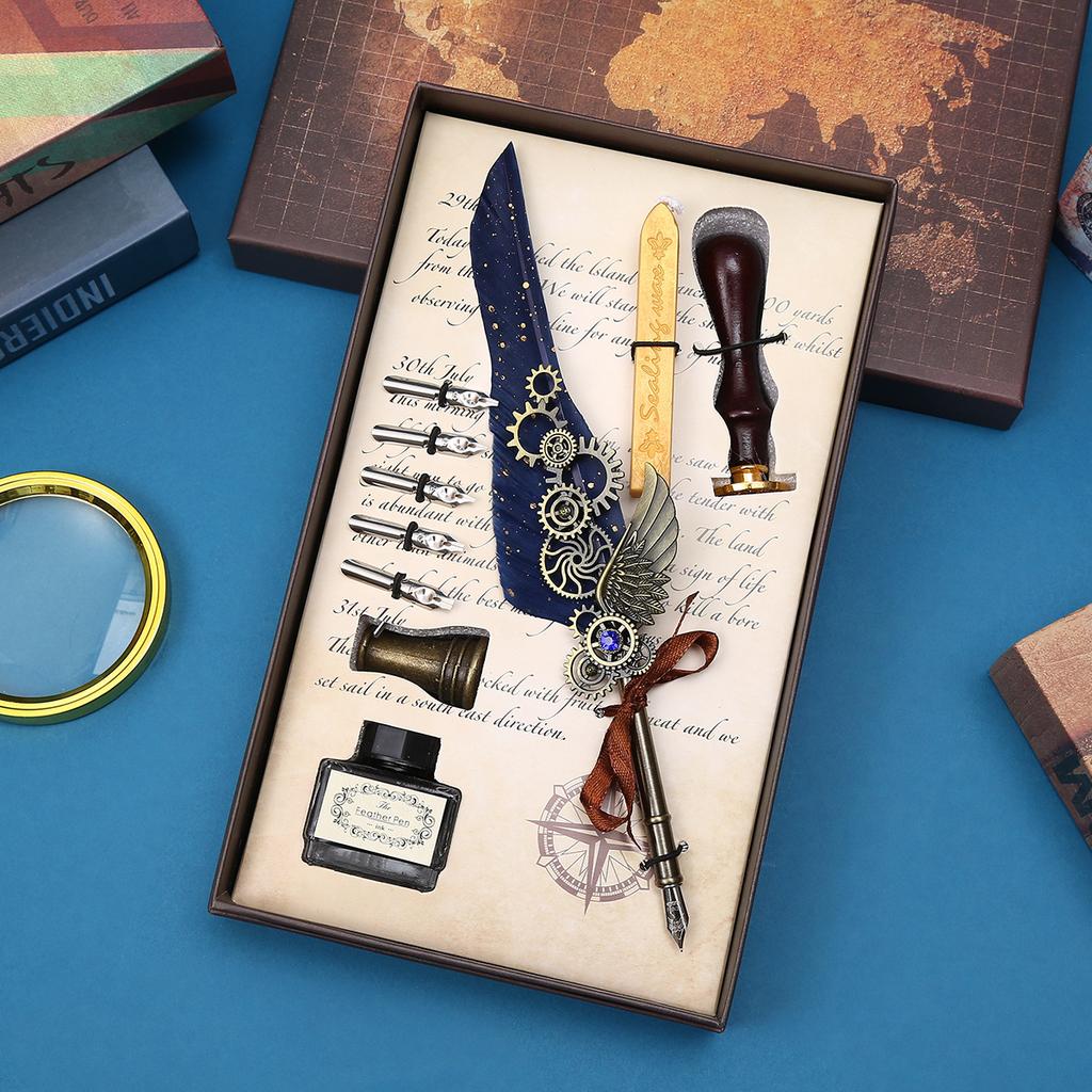 Retro Feather Pen Mechanical Feather Pen Steampunk Dip Pen Qixi Festival Gift Box Set Gift