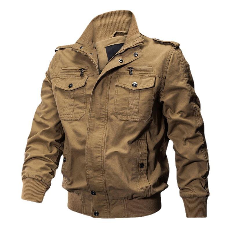 Spring and Autumn Men's Military Jacket Cotton Casual Loose Tooling Jacket Middle-aged and Young Solid Color Multi-Pocket Thin Top Men