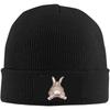 Black Knitted Beanie With Cute Bunny Patch Winter Warm Hat For Women Girls Funny Animal Print Skull Cap