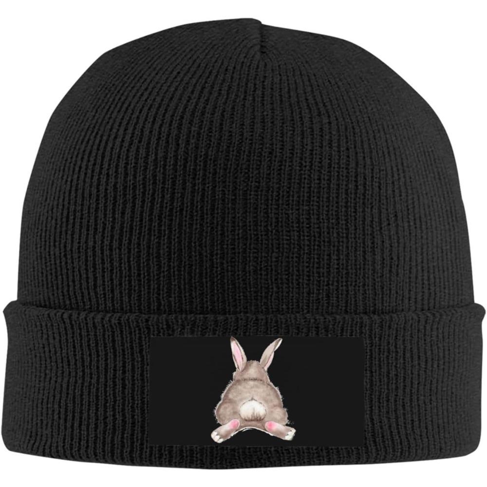 Black Knitted Beanie With Cute Bunny Patch Winter Warm Hat For Women Girls Funny Animal Print Skull Cap