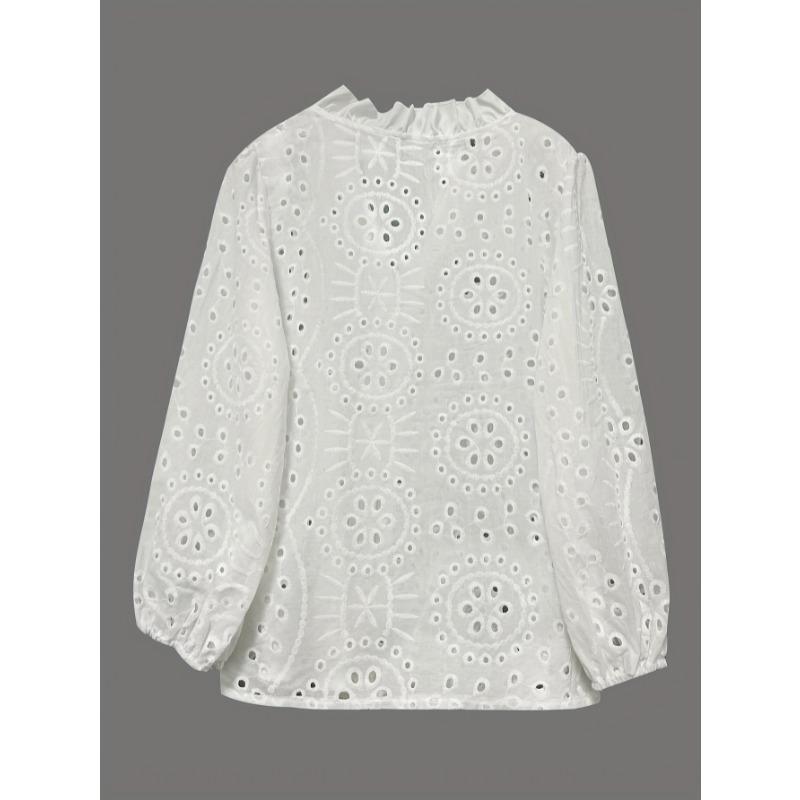 2026 New V Neck Long Sleeve Hollow Out Lace Shirt Fashion Women Office Lady Stand Collar Ruffle Blouse New Loose Elegant Sweet Solid Color Top