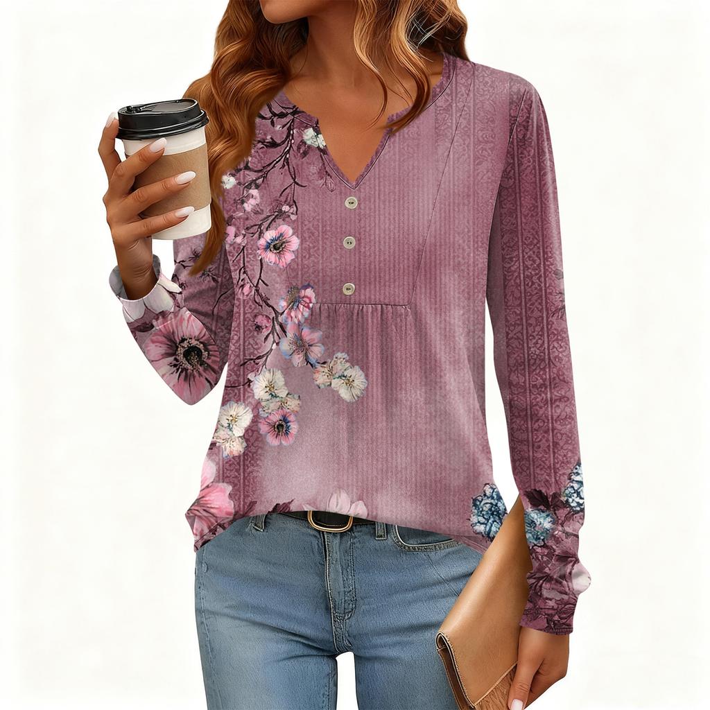 Γυναικείο Χαλαρό, V-λαιμόκοψη, Ρετρό Χρώμα, Μπλοκ με Φλοράλ Σχέδιο, Μακρυμάνικο Πουλόβερ T-shirt