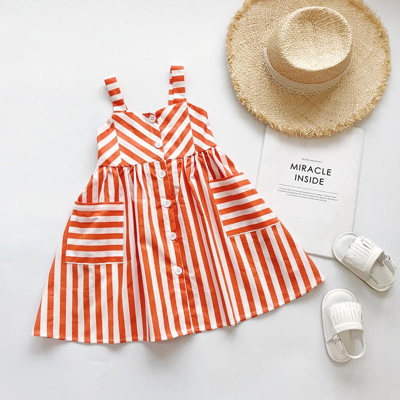 Children Summer Girls Sweet Cotton Cute Cartoon Stripes Print Sleeveless Sling Sweet Princess Dress