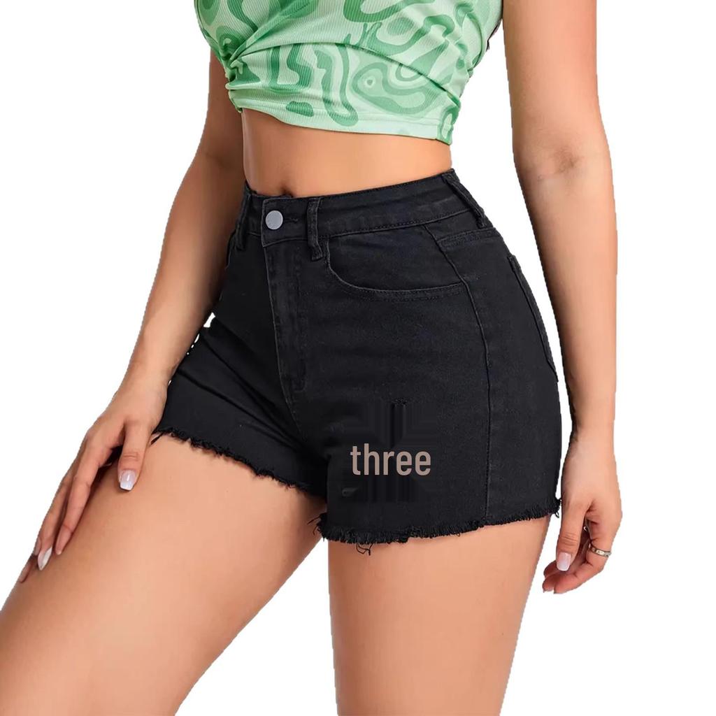 European-American Slim Fit Ripped Black Denim Shorts - Casual Low Waist Jeans