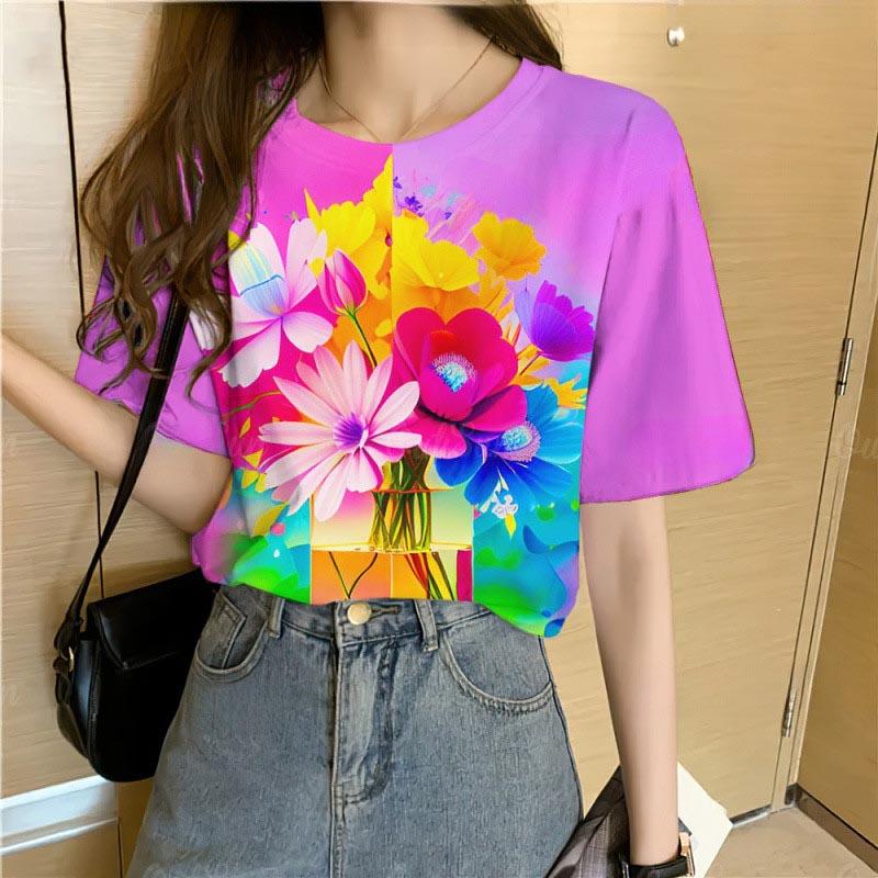 Summer Round Neck 3D Colorful Flowers Pattern Print Top Fashionable Casual Short Sleeved Women's T-shirts