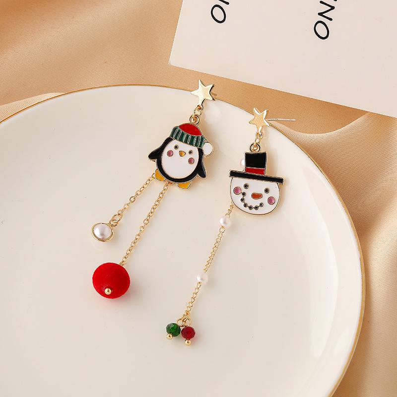 Christmas Star Silver Stud Earrings with Wool Ball & Asymmetrical Tassel - Winter Style Cartoon Clip for Girls