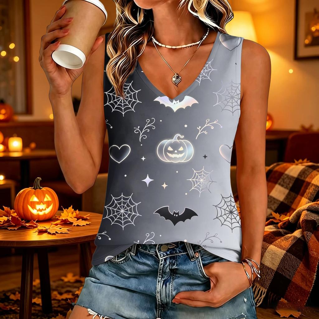 Women's V-Neck Halloween Print Tunic Top for Casual Party Wear