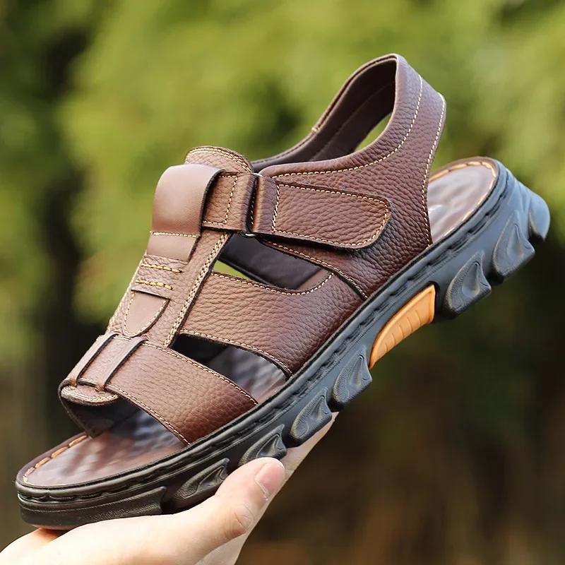 Summer Men's Roman Sandals Platform Soft PU Men's Slippers Peep Toe Non-slip Men Travel Beach Shoes Outdoor Hollow Out