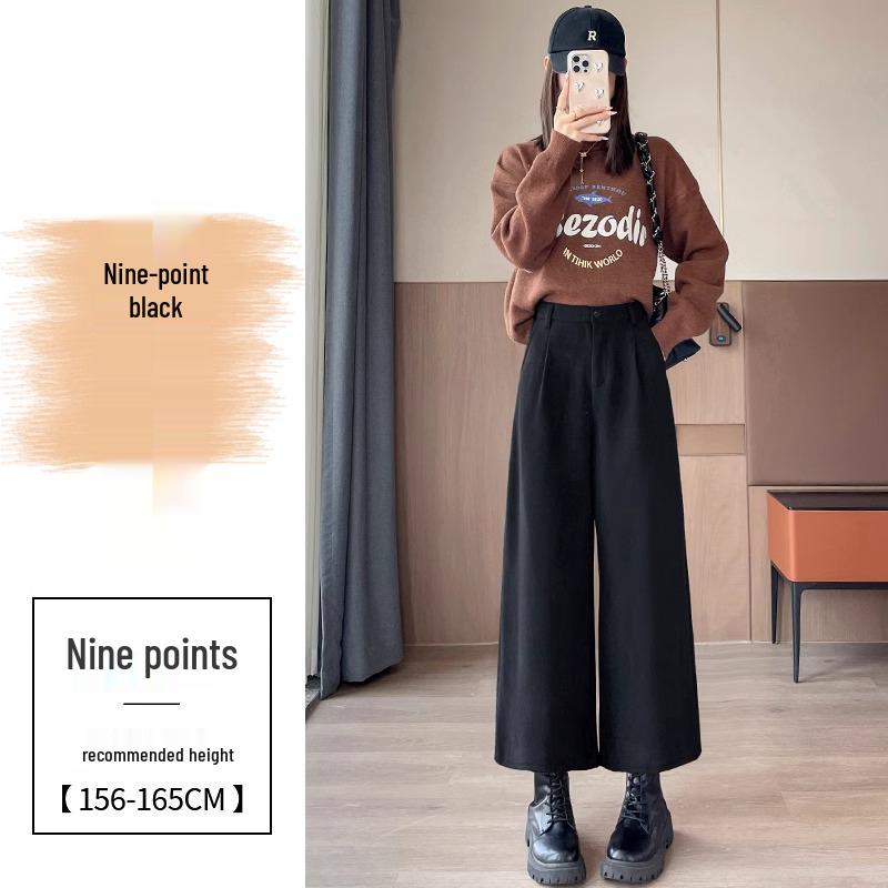 2024 Autumn/Winter Women's Black High-Waisted Woolen Wide-Leg Pants