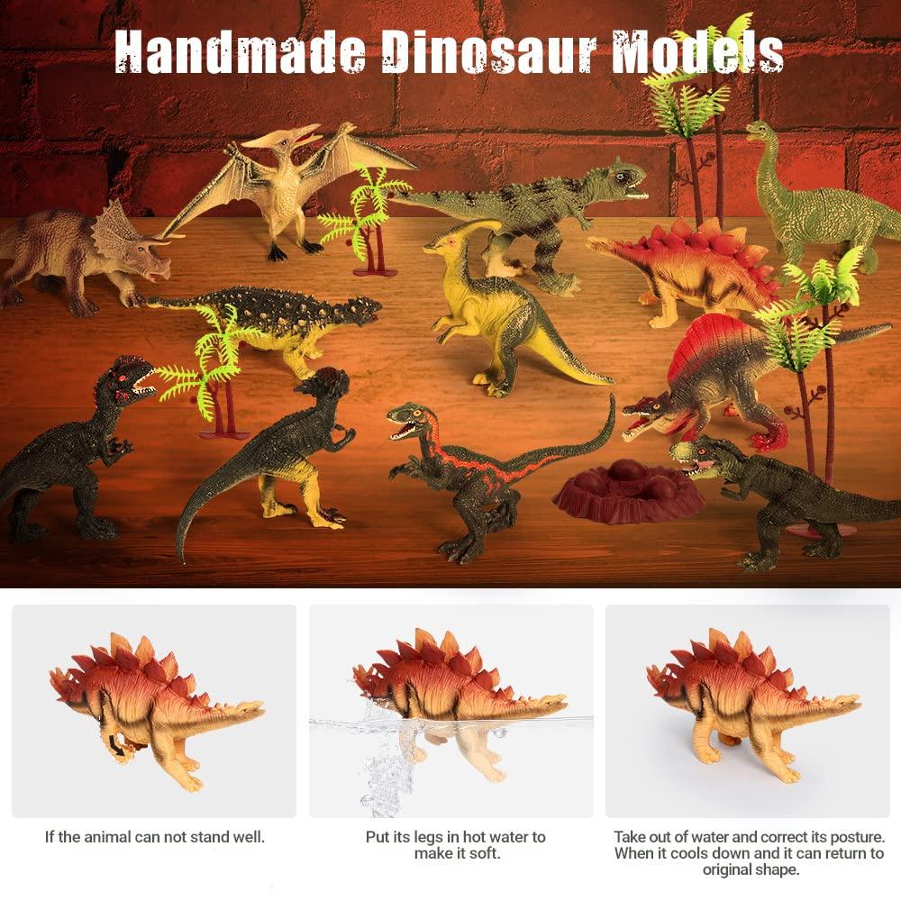 Dinosaur Toys, 12-Piece Realistic Dinosaur Figure Set with Jumbo Play Mat and Informative Dinosaur Book, Figure Toy Storage Box, Educational Figure