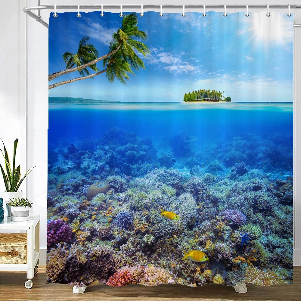 Dolphin Shower Curtain, Blue Underwater World Marine Life , Polyester Fabric Kids Ocean Theme Bathroom Decor Set with 12 Hooks