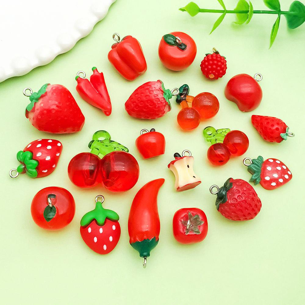 Set of 20 Red Resin 3D Fruit Charms: Strawberries and Apples for DIY Jewelry.