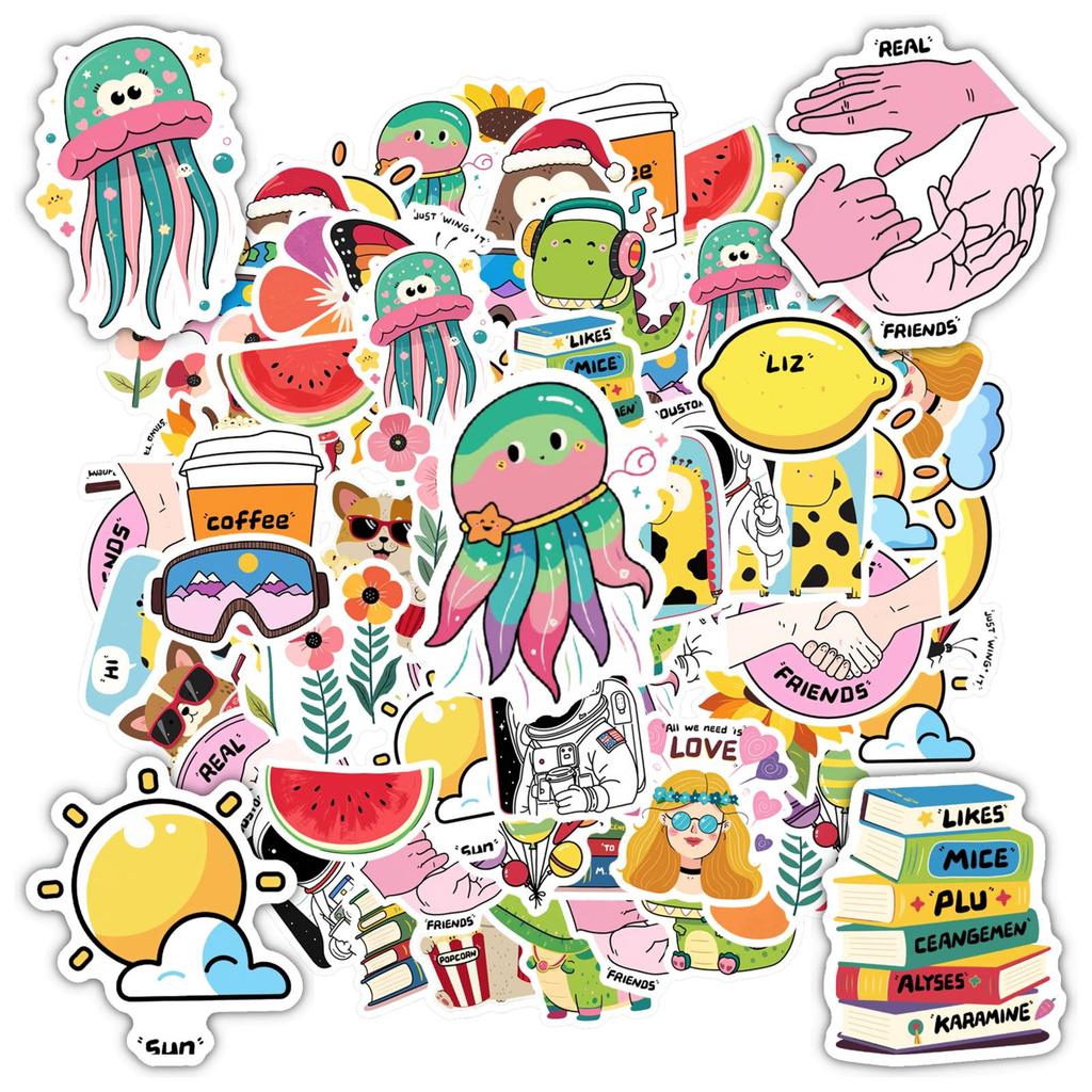 35pcs Playful Space Stickers Cartoon Flowers Sticker Pack Animal Stickers For Notebook Luggage Mobile Phone Cup Guitar Laptop