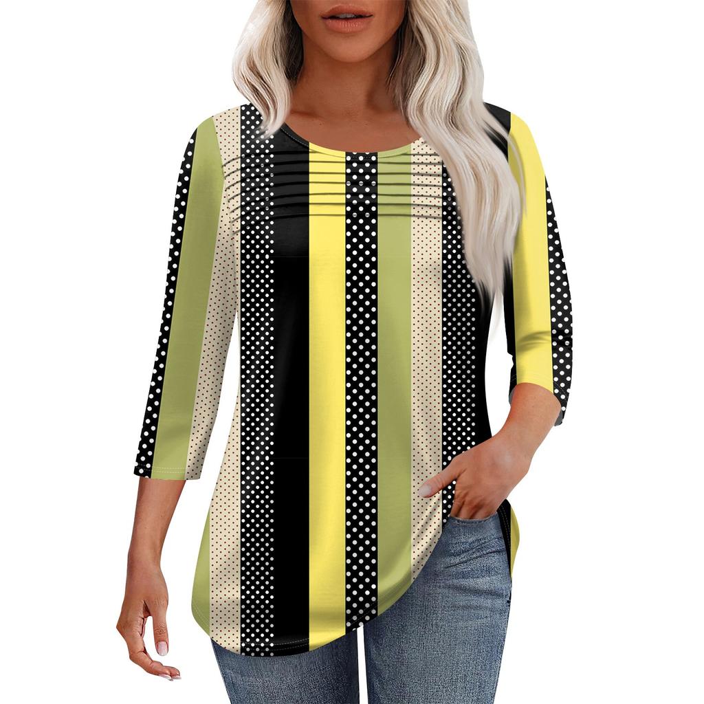 Dámský módní top s kulatým výstřihem, plisovanou přední légou, jednobarevný, s 3/4 rukávy