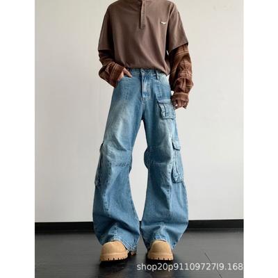 Retro-Werkzeug-Multi-Pocket-Jeans für Herren und Damen, gerades Design, locker, Nische, Wide-Leg, gewaschene Säbelhosen