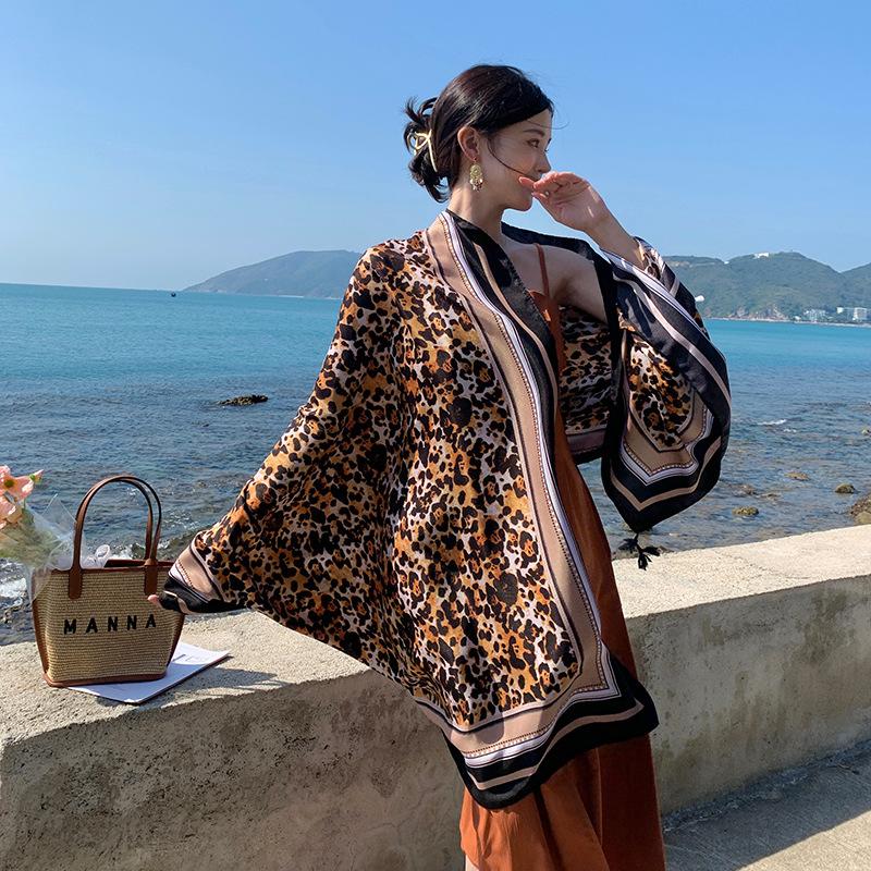 Seaside leopard print oversized shawl summer tourism ethnic style beach scarf silk scarf women s sun protection photo multi-functional scarf 180*90cm