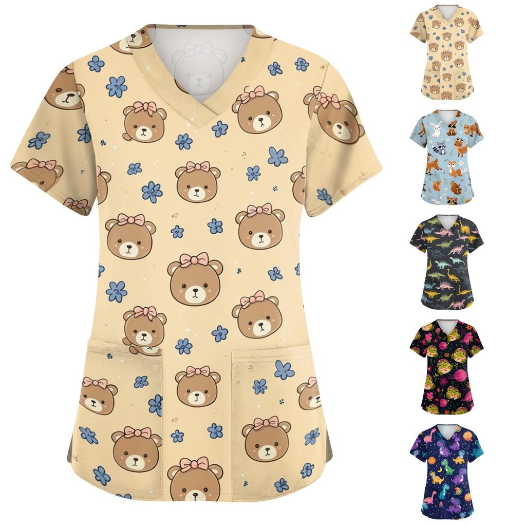Top da Lavoro da Donna a V Manica Corta con Tasche Stampa Animali Cartone Animato Uniforme Medica Vestibilità Comoda Tessuto Resistente