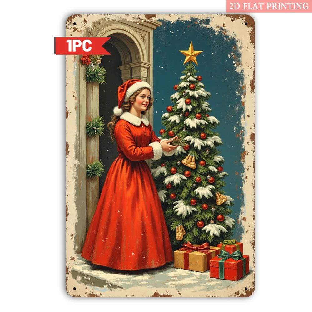 Vintage Christmas Tree Metal Sign with Holiday Scene Perfect for Living Room Decor Home or Gift Retro Christmas Decoration
