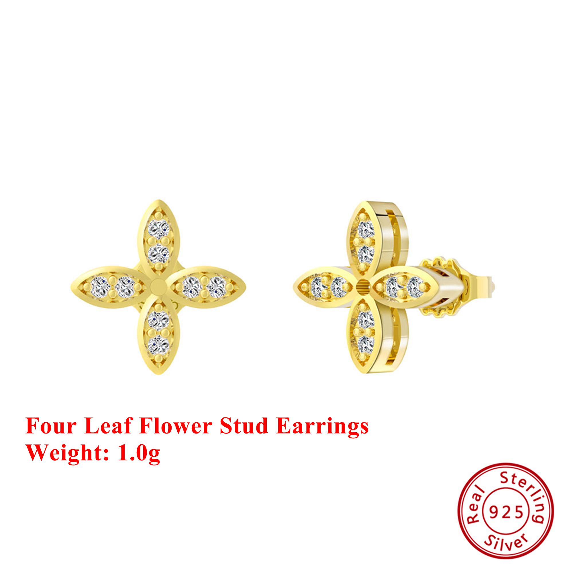 

Effie Queen S925 Silver 14k Gold Four Leaf Flower Stud Earrings Plus Zirconia Fine Jewelry for Women Banquet Party Gift APE122