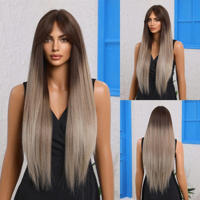 Long Straight Wigs Dark Brown To Gray Synthetic Wig with Bangs for Women Daily Party Cosplay Heat Resistant Fibers White Women