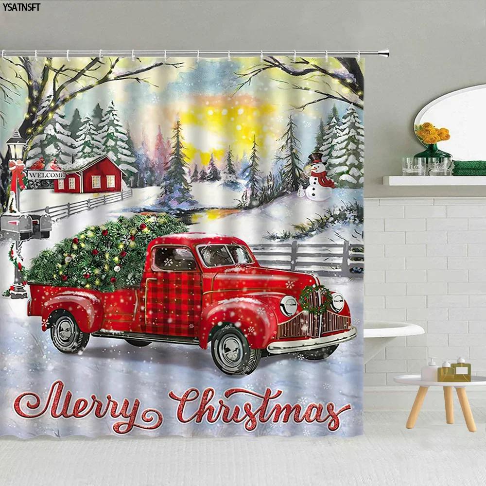 Christmas Shower Curtain Sets Vintage Red Truck Xmas Ball Pine Tree Snowman Winter New Year Gift Bathroom Decor Bath Curtains