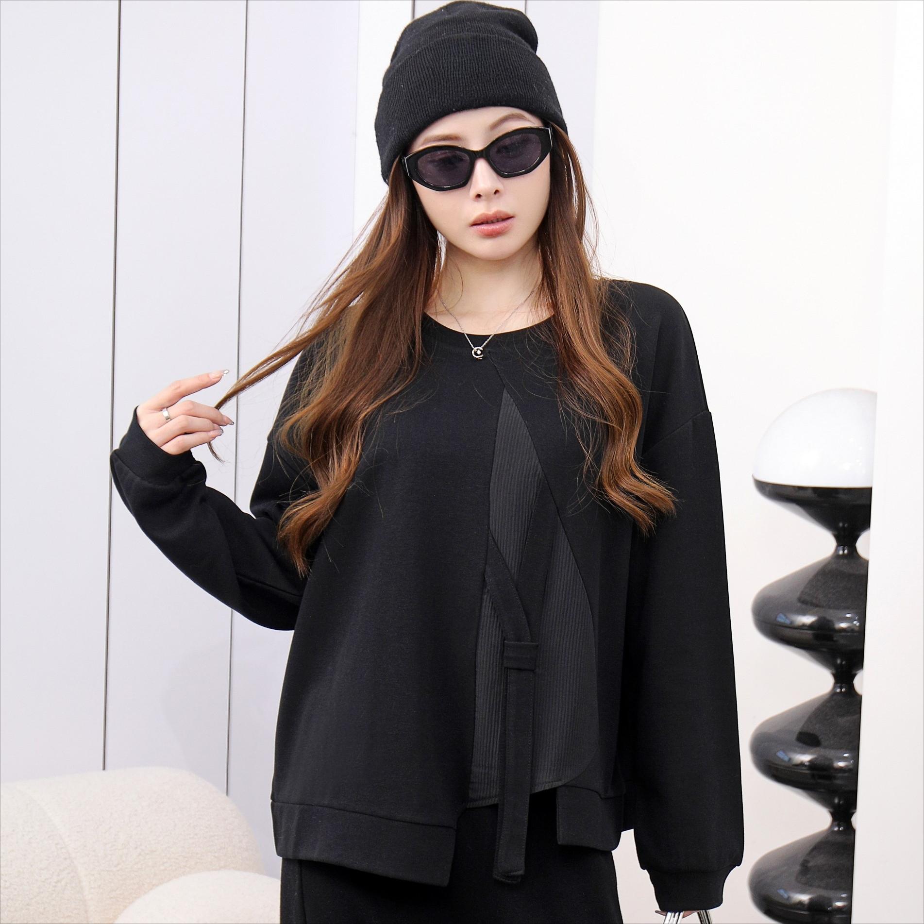 

DIMANAF 2025 Весенний пуловер Осенняя футболка Женская однотонная асимметричная с длинным рукавом Свободная белая черная One Size чёрный