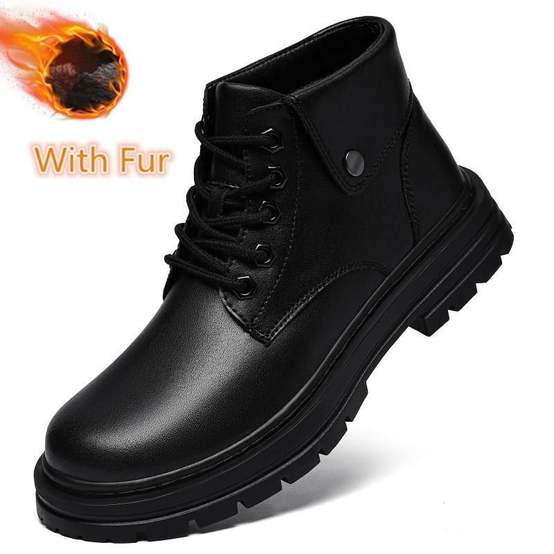 Non-Slip Male Motorcycle Boots Simple Plush Fur Snow Botas Genuine Leather Men Ankle Boots Handmade Autumn Winter High Top Shoes