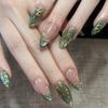 24Pcs Gold Cat Eye French Pearl Fake Nails Medium Almond Glitter Irregular Line Press On Nails