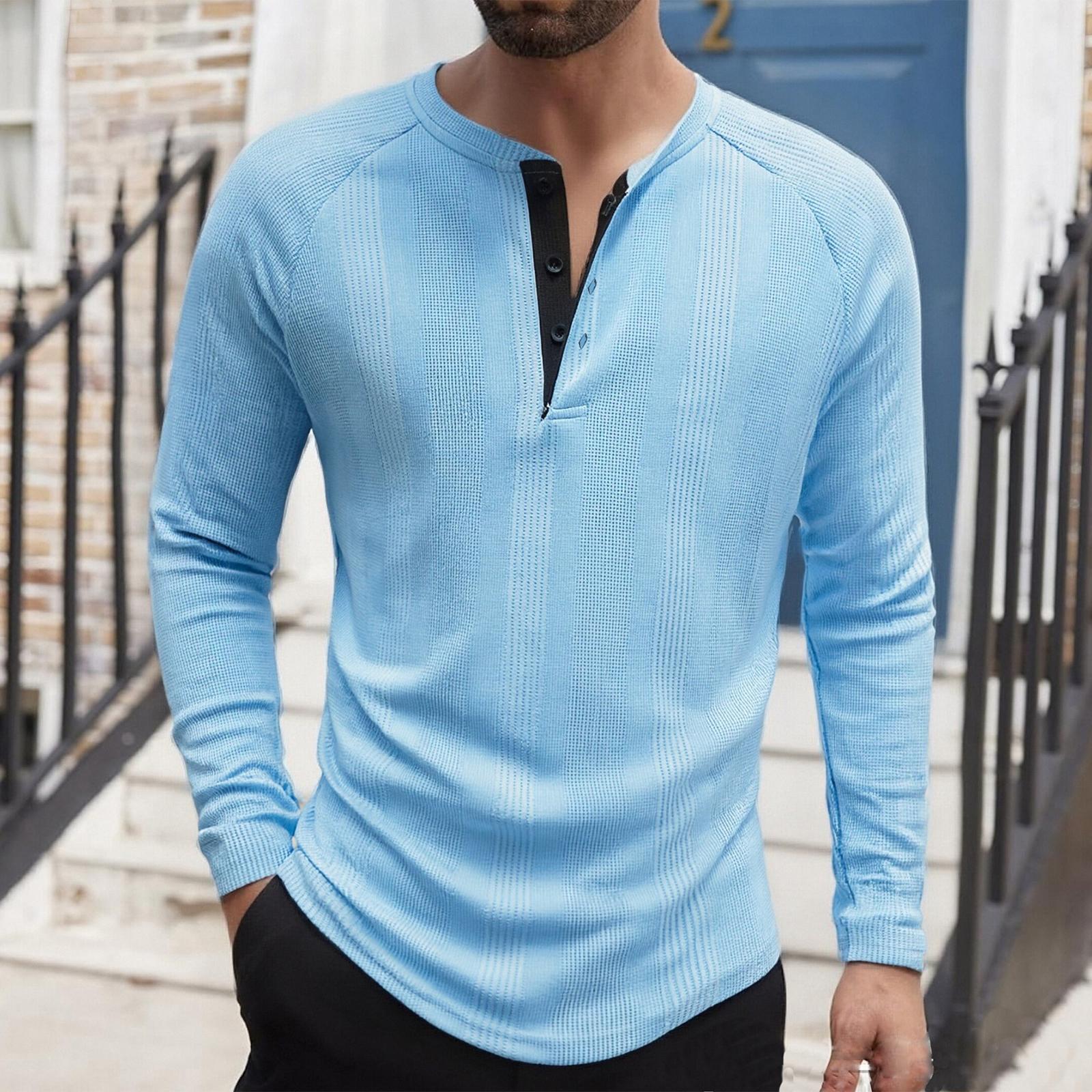 

Мужской однотонный топ с рубчатой текстурой, на пуговицах, с круглым вырезом и длинными рукавами XL небесно-голубой