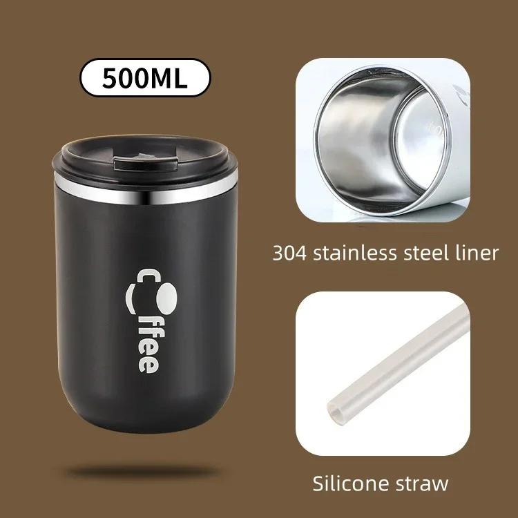 500 მლ 304 უჟანგავი ფოლადის თერმოსი ყავის ფინჯანი სილიკონის ჩალით ორმაგი ფენა გაჟონვაგამძლე სამოგზაურო რძე ჩაის მანქანის წყლის ჭიქები თერმოსი