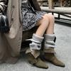 Wind Cow Anti-Velvet Fashion Boots Temperament Square Head Belt Buckle Sleeve Medium Heel Thick Heel Short Boots Large Size Boots