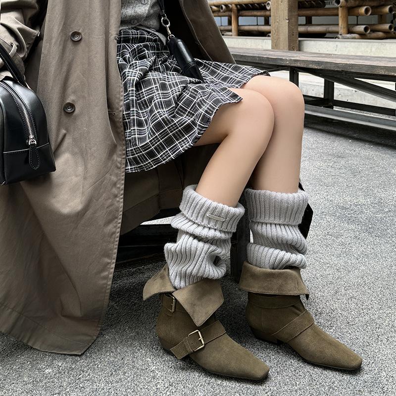Wind Cow Anti-Velvet Fashion Boots Temperament Square Head Belt Buckle Sleeve Medium Heel Thick Heel Short Boots Large Size Boots
