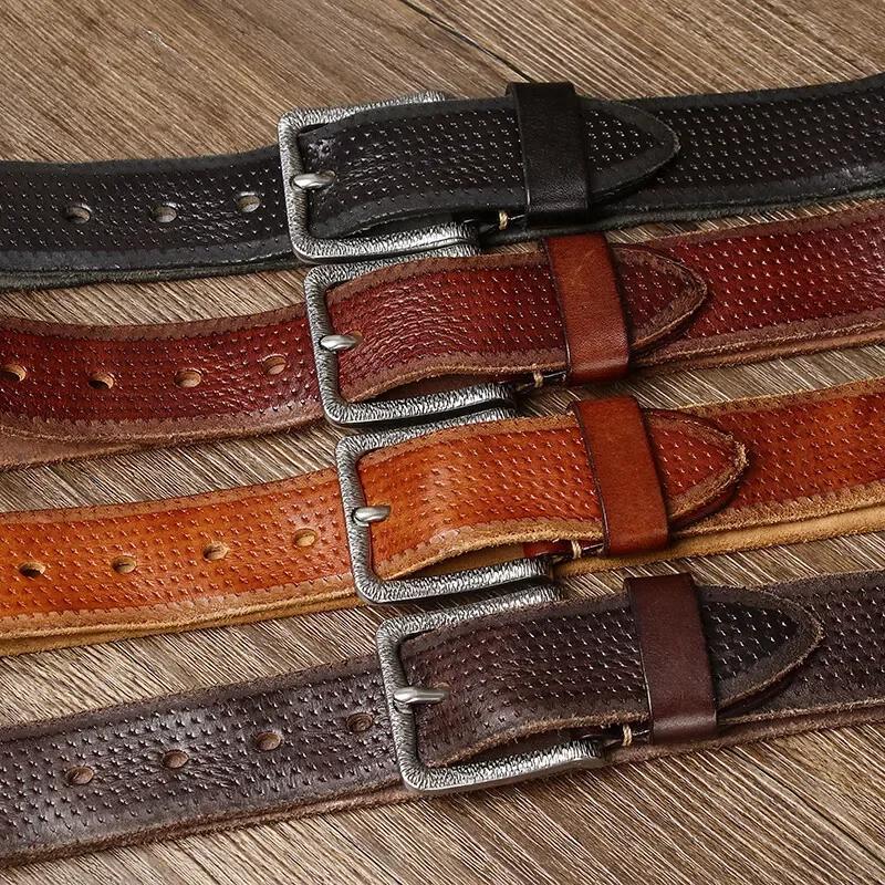 3.8CM Pure Cowhide High Quality Genuine Leather Belts for Men Brand Strap Male Stainless Steel Buckle Fancy Vintage Jeans Cowboy