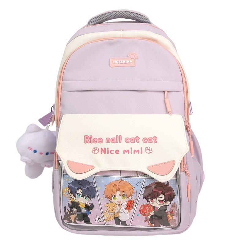 Cute Letter Print Cat Ears Design Student Backpack With Transparent Compartment For Daily Use