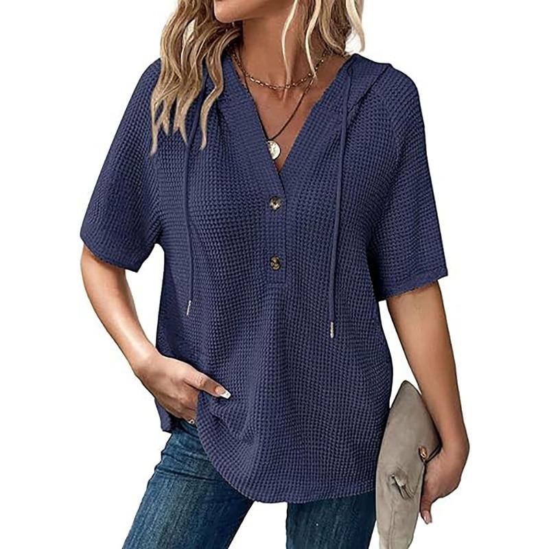 Womens Summer Waffle Knit Short Sleeve Hooded V Neck Button Drawstring Loose Shirt