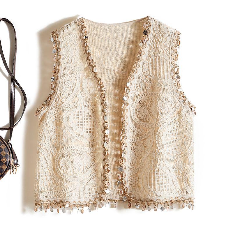 

Not Worth a Thousand Yuan Hammer Boss! Western Style Youthful-Looking Women s V-neck Bead Crocheted Cut Out Cotton Vest Spring and Summer Outwear Beige L