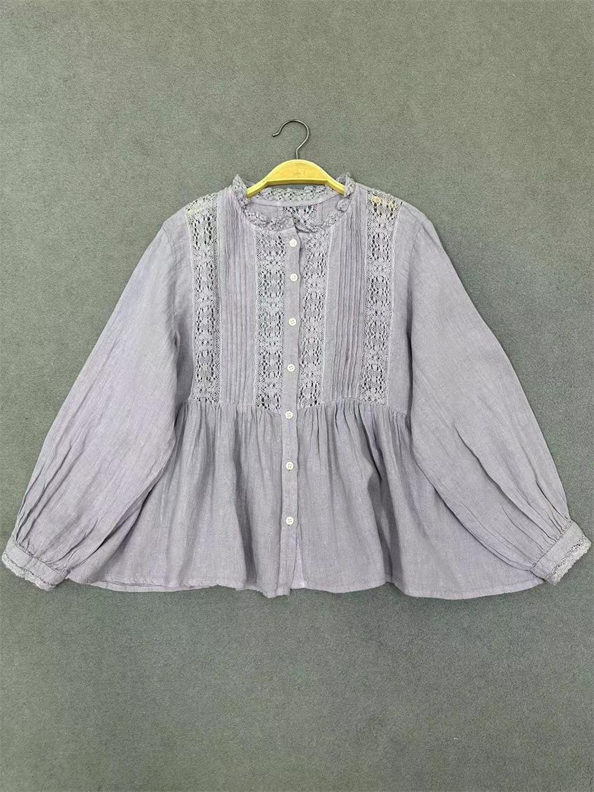 

Johnature Осенние рубашки с круглым вырезом, повседневные свободные винтажные кружевные рубашки с длинным рукавом и оборками One Size фиолетовый