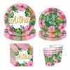 Pink Hawaiian Paper Cups Napkins Plates Tropical Luau Party Supplies Disposable Plates and Party Napkins Tropical Palm Leaf and Hibiscus Aloha