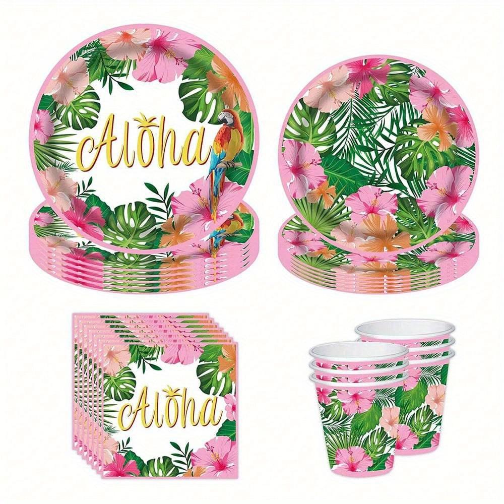 Pink Hawaiian Paper Cups Napkins Plates Tropical Luau Party Supplies Disposable Plates and Party Napkins Tropical Palm Leaf and Hibiscus Aloha