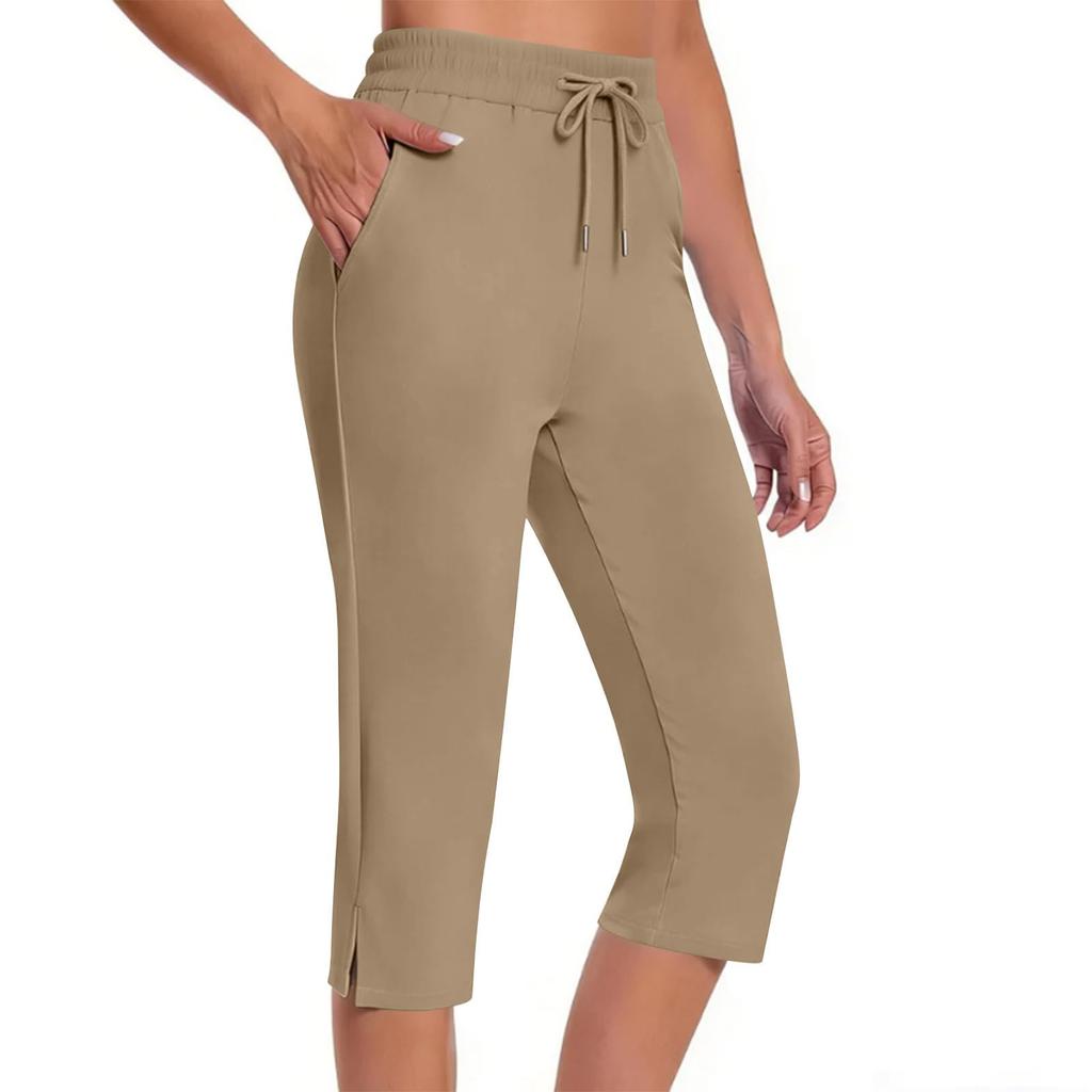 Women Drawstring High Waist Split Hem Cropped Pants with Pockets Casual Loose Fit Capris for Everyday Wear