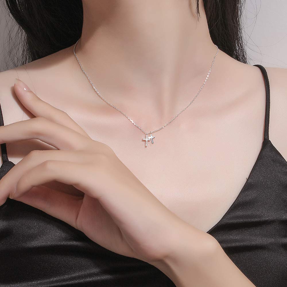 Necklace for Double Zirconia Silver Birthday Jewelry K.L.Y Women, Popular, Cross, Strand, CZ, 925, Hypoallergenic, Necklace, Accessory, Gift, Women's