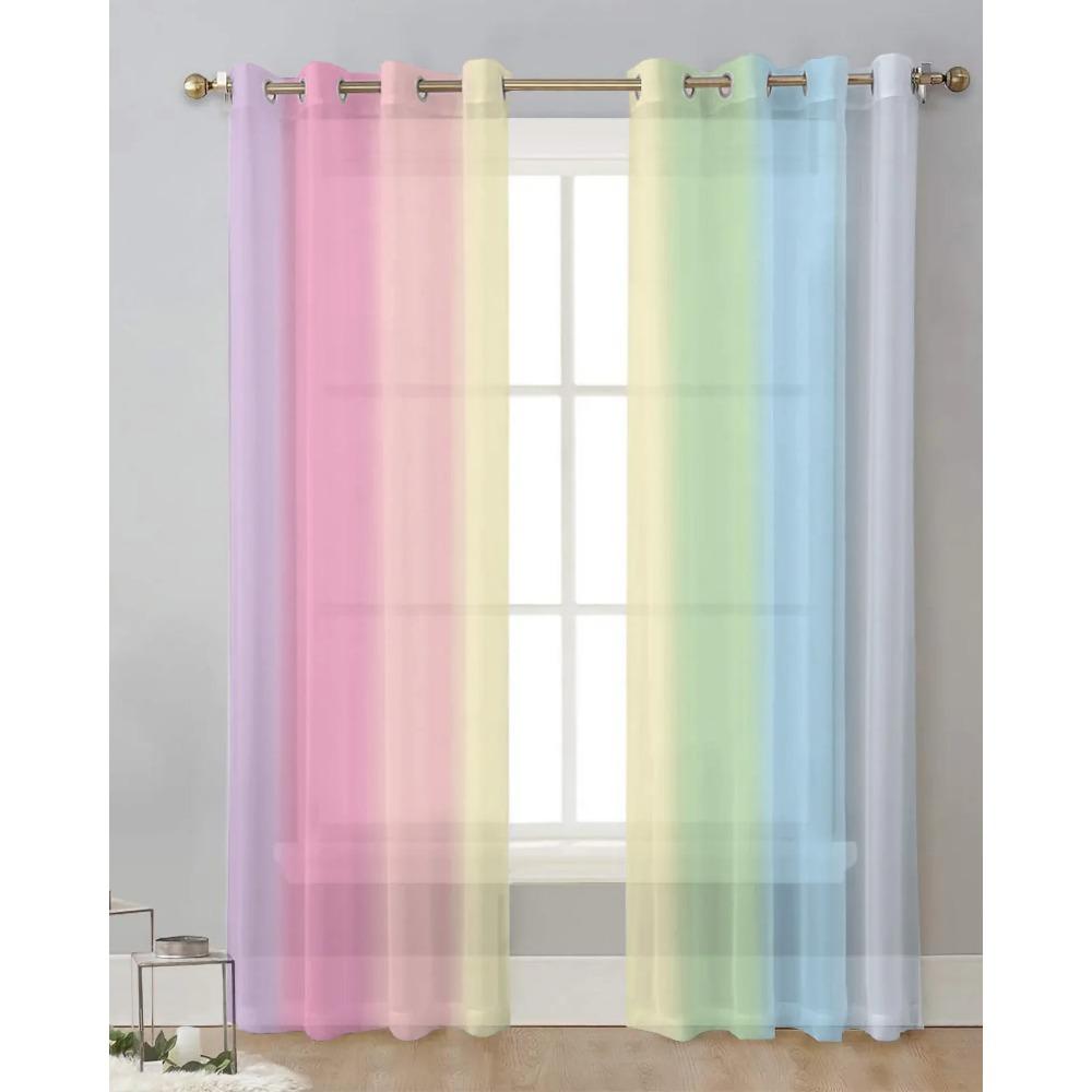 Candy Rainbow Stripes Translucent Drapes for Bedroom Space Living Room Decoration Window Opening Drape for Kitchen Area Tulle Voile Organza Curtains