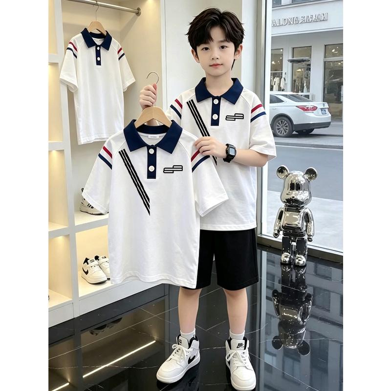 Korean Style Boys' Cotton Lapel Short-Sleeve T-shirt Set - Summer Casual Patchwork Polo
