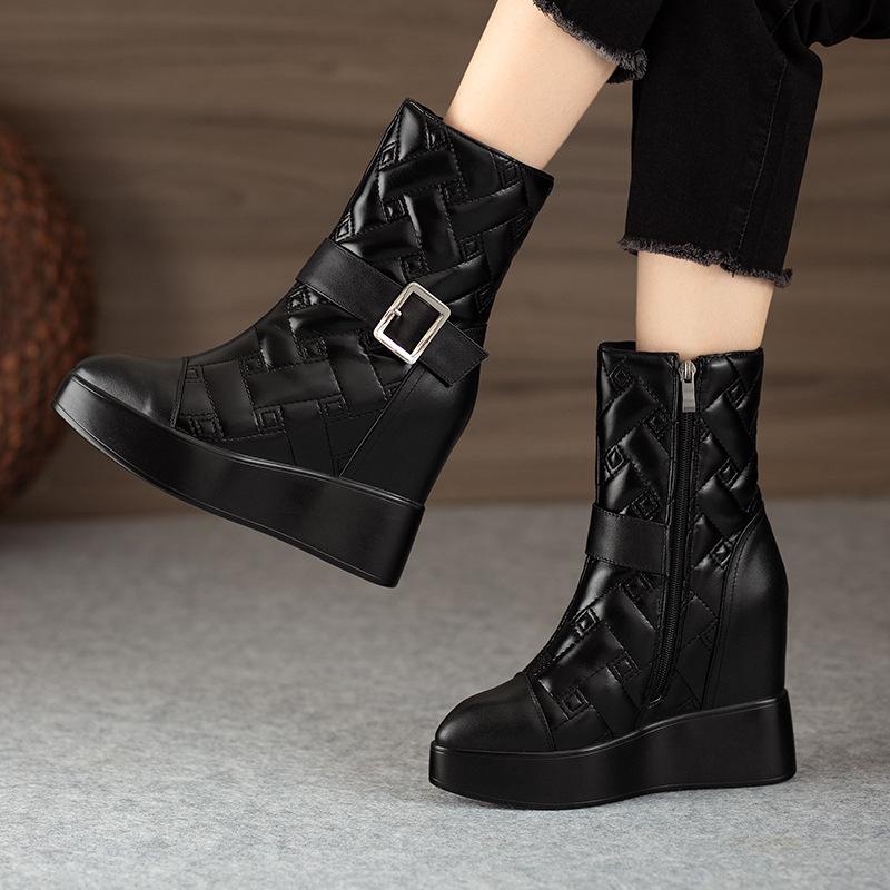 12CM ultra-high heel inner height increase and thin fashion boots autumn and winter new British pointed thick-soled belt buckle Martin boots women